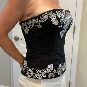 WHBM Black strapless bustier w/ floral embroidery